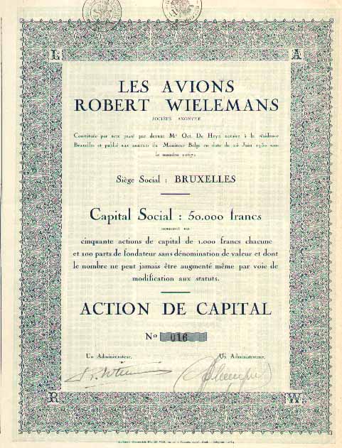 Action de la société Belge 'Les Avions Robert Wielemans'